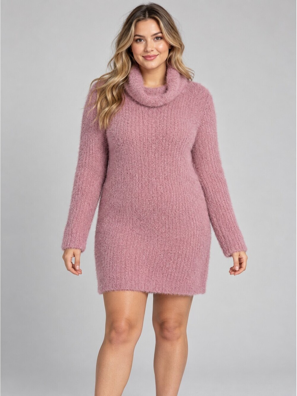 Lulus Women's L Pink Fuzzy Cowl Neck Long Sleeve Sweater Mini Dress